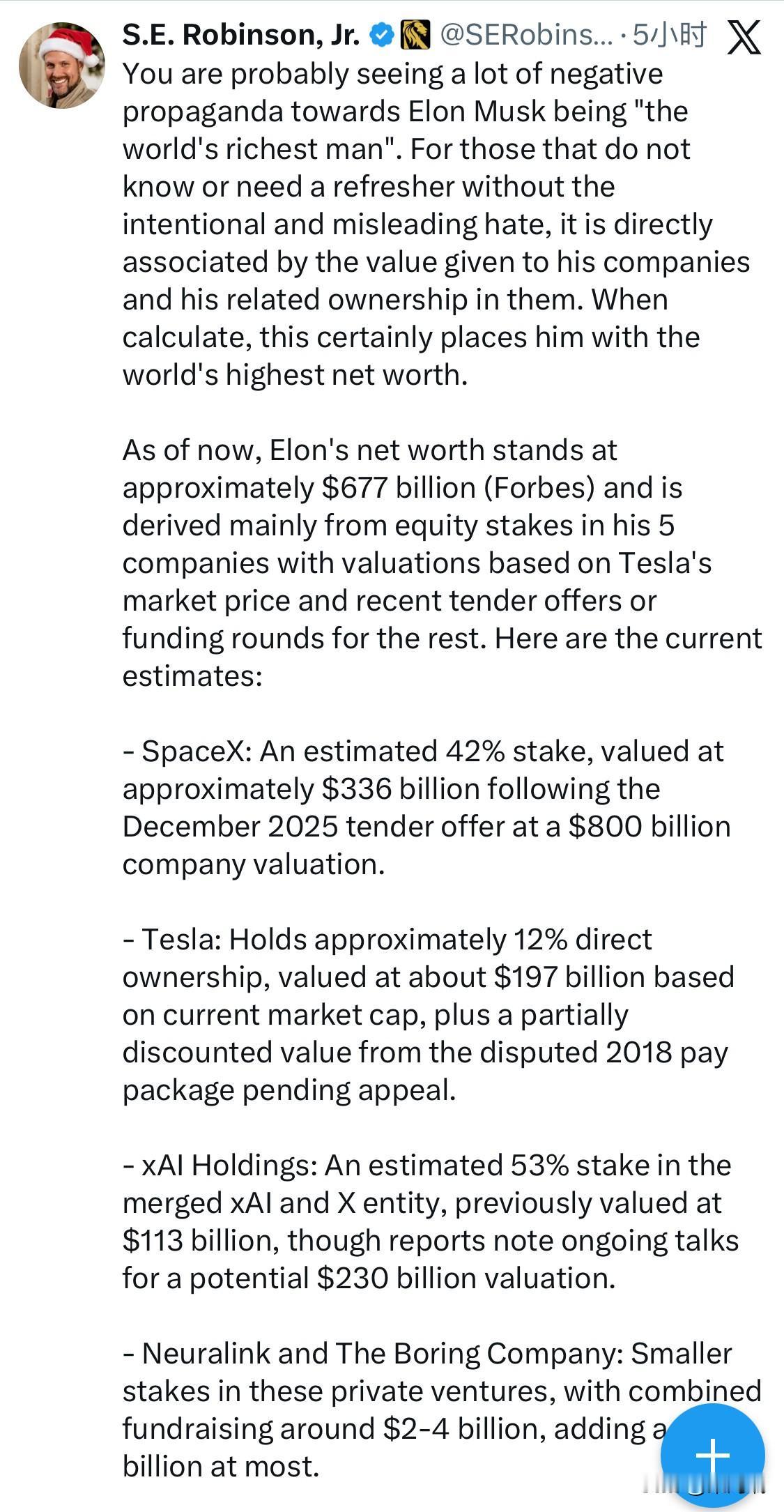 截至目前，埃隆·马斯克的净资产约为6770亿美元（福布斯数据），主要来源于其五家