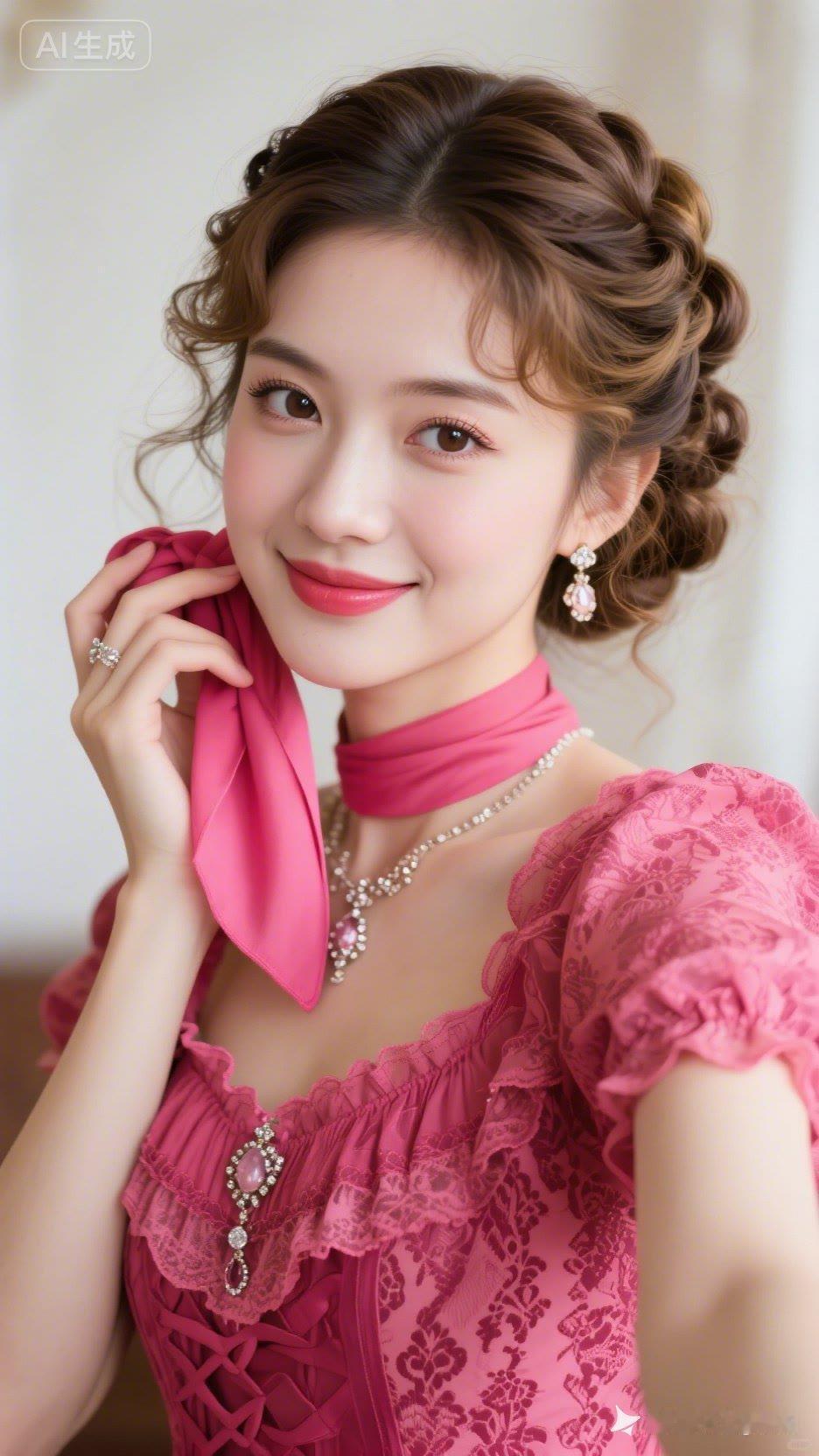 粉衣美人笑，珠帘映红妆。