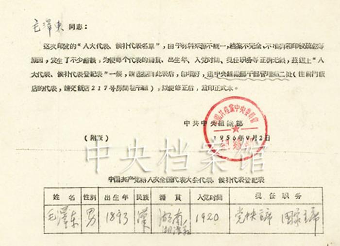 1956年，毛泽东在入党时间一栏，亲自填写了1920年。但中国共产党成立的时间是