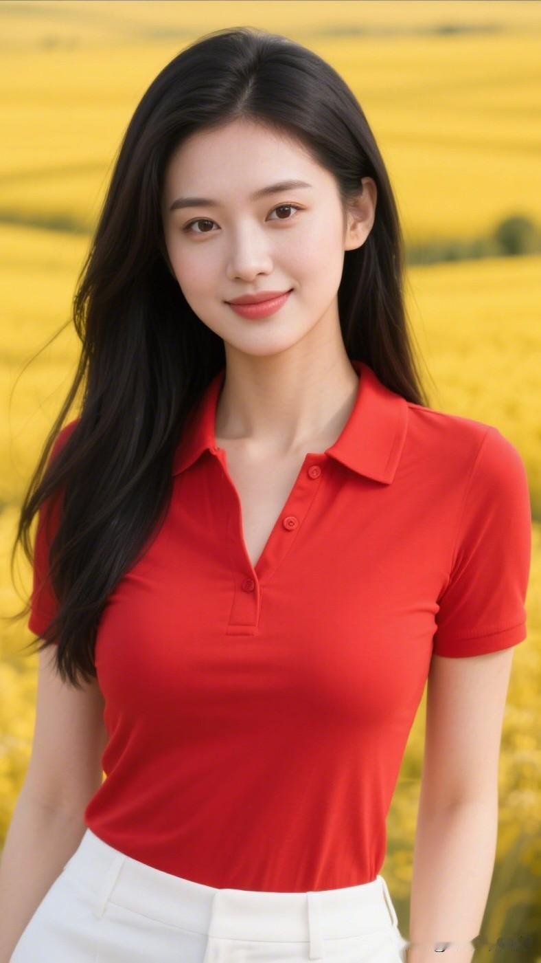 红衣映日，笑语盈盈。有哪些美女让人过目难忘？在金黄花海中，红衣少女绽放迷人微笑