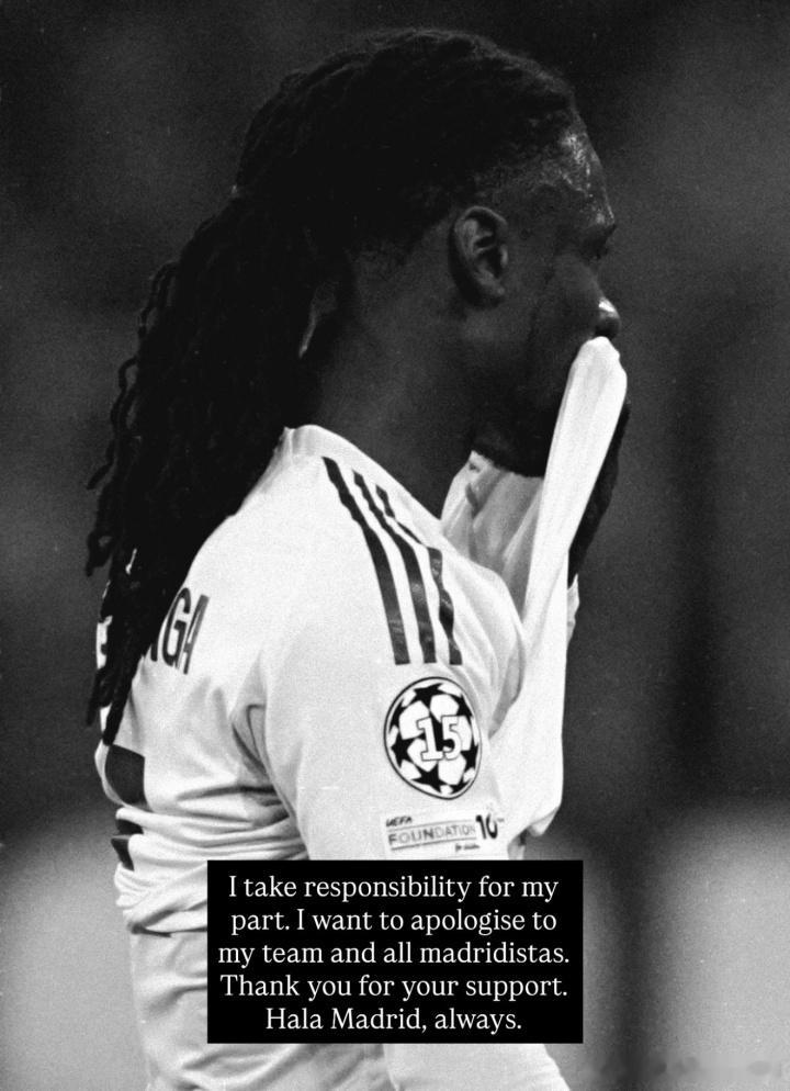 卡马文加就染红向皇马球迷道歉：“我为自己的失误承担全部责任。我想向我的球队和所有