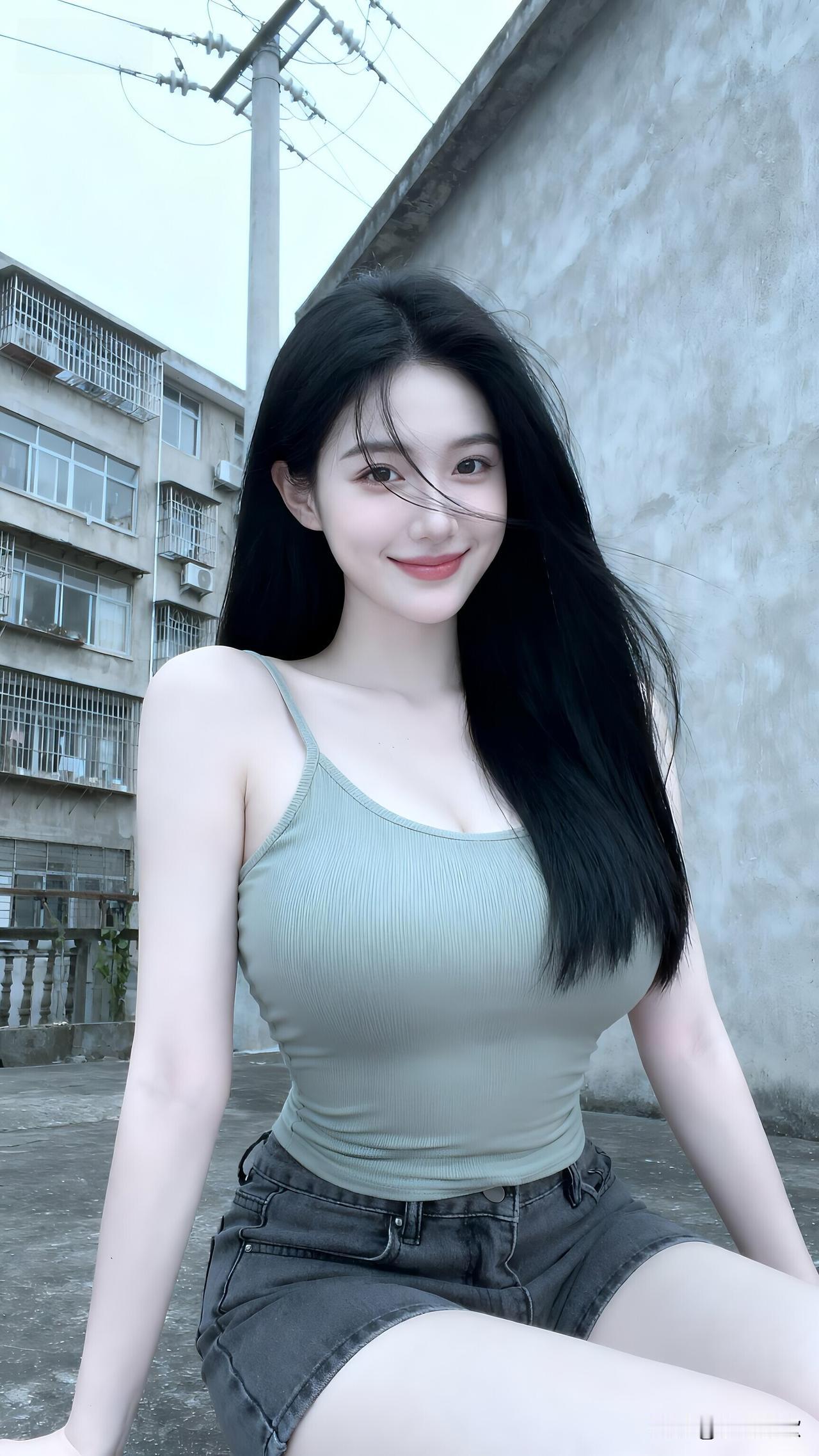 浅绿色的吊带配牛仔短裤，感觉特别清爽！背景是栋老楼的窗户都装着防盗网，空调外机