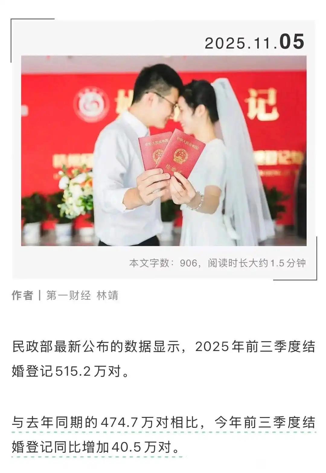 2025年前三季度结婚数据太亮眼啦，515.2万对，比去年同期多了40.5万对！
