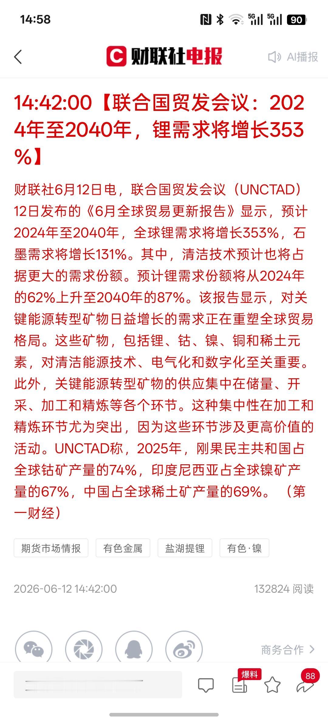利好新能源，联合国的会议，2024年到2040年，全球锂矿需求增长353%以上，