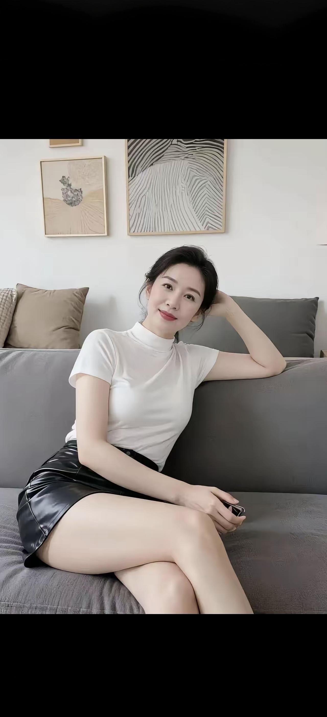 她坐在沙发上，看着手机，好惬意！