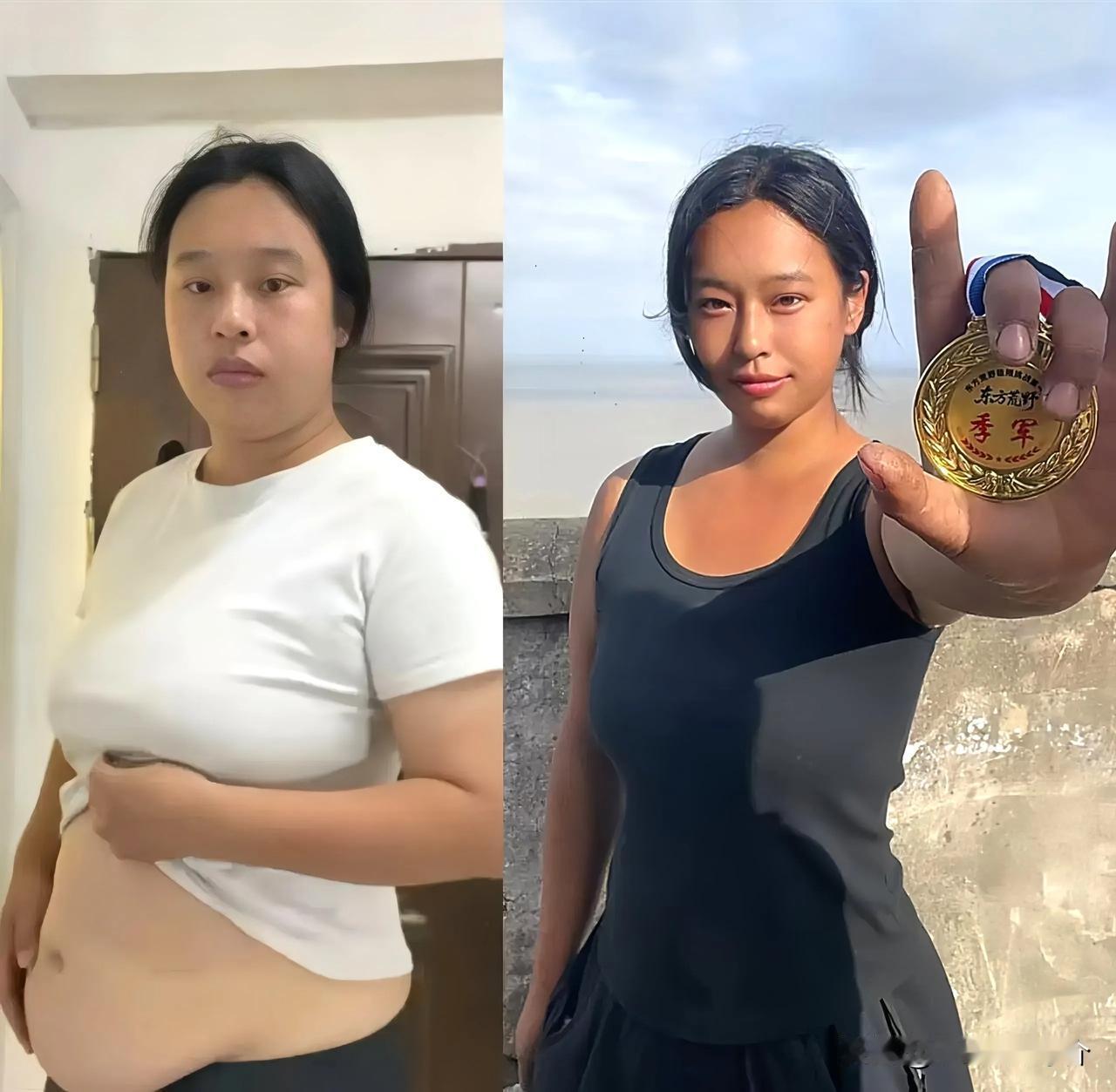 浙江温州，一名170斤的赵女士发财啦！她参加荒野求生赛，35天后，她不仅瘦到14