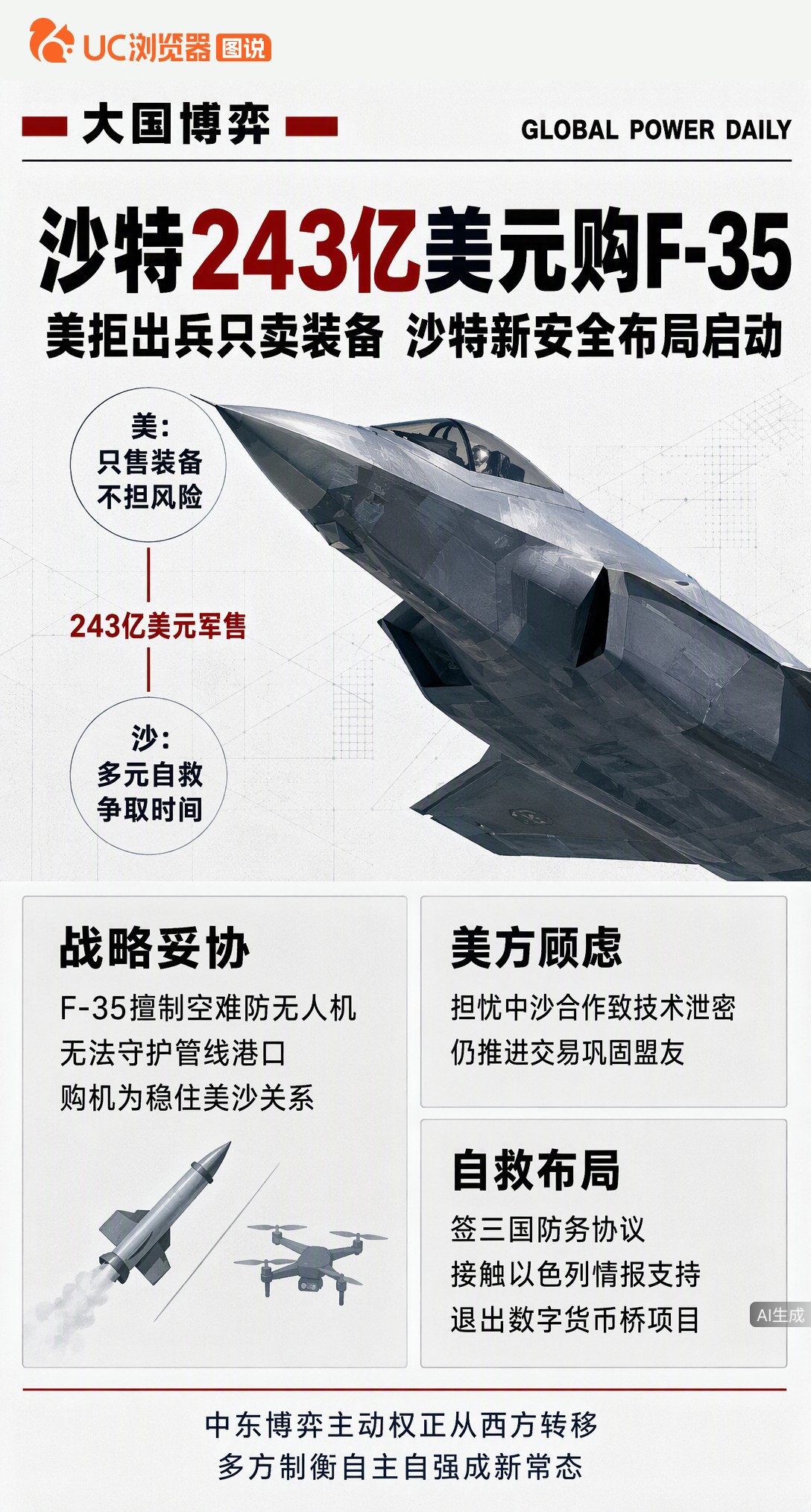 两次求援被拒，沙特转头砸243亿美元买F-35。可这战机擅长制空，却拦不住几千美元的无人机，石油管线