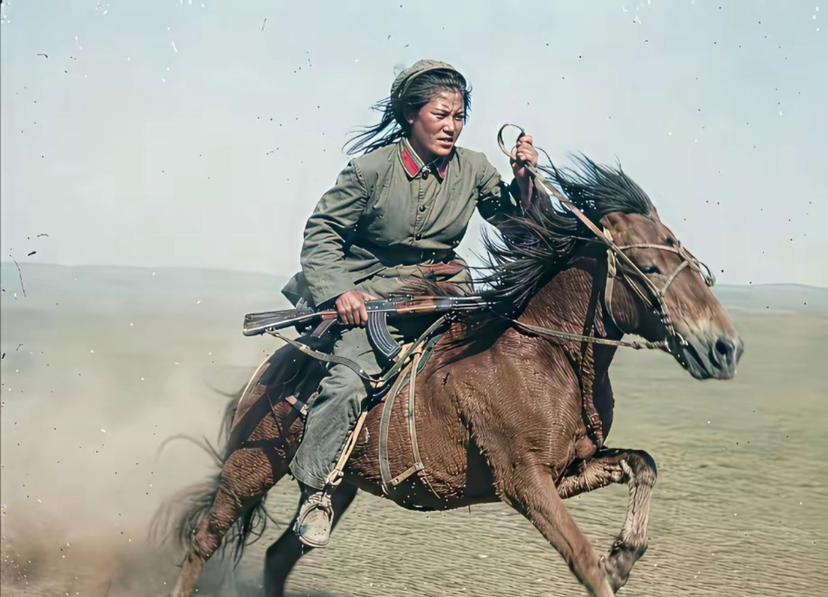 70年代，人民解放军的一名女战士在策马扬鞭训练时的情景！这气势英姿飒爽巾帼不让须