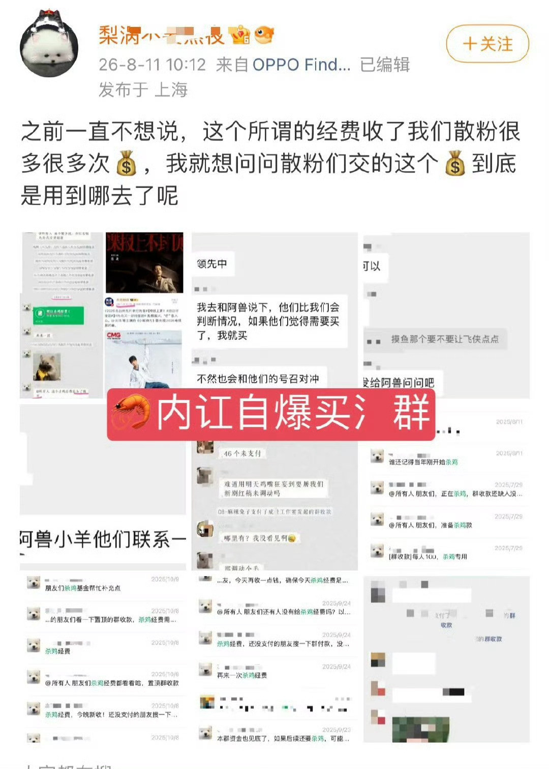 吃瓜。又见内讧爆料。这是某粉丝打不过成毅粉丝于是买氵？她们以“杀鸡经费”为由在群
