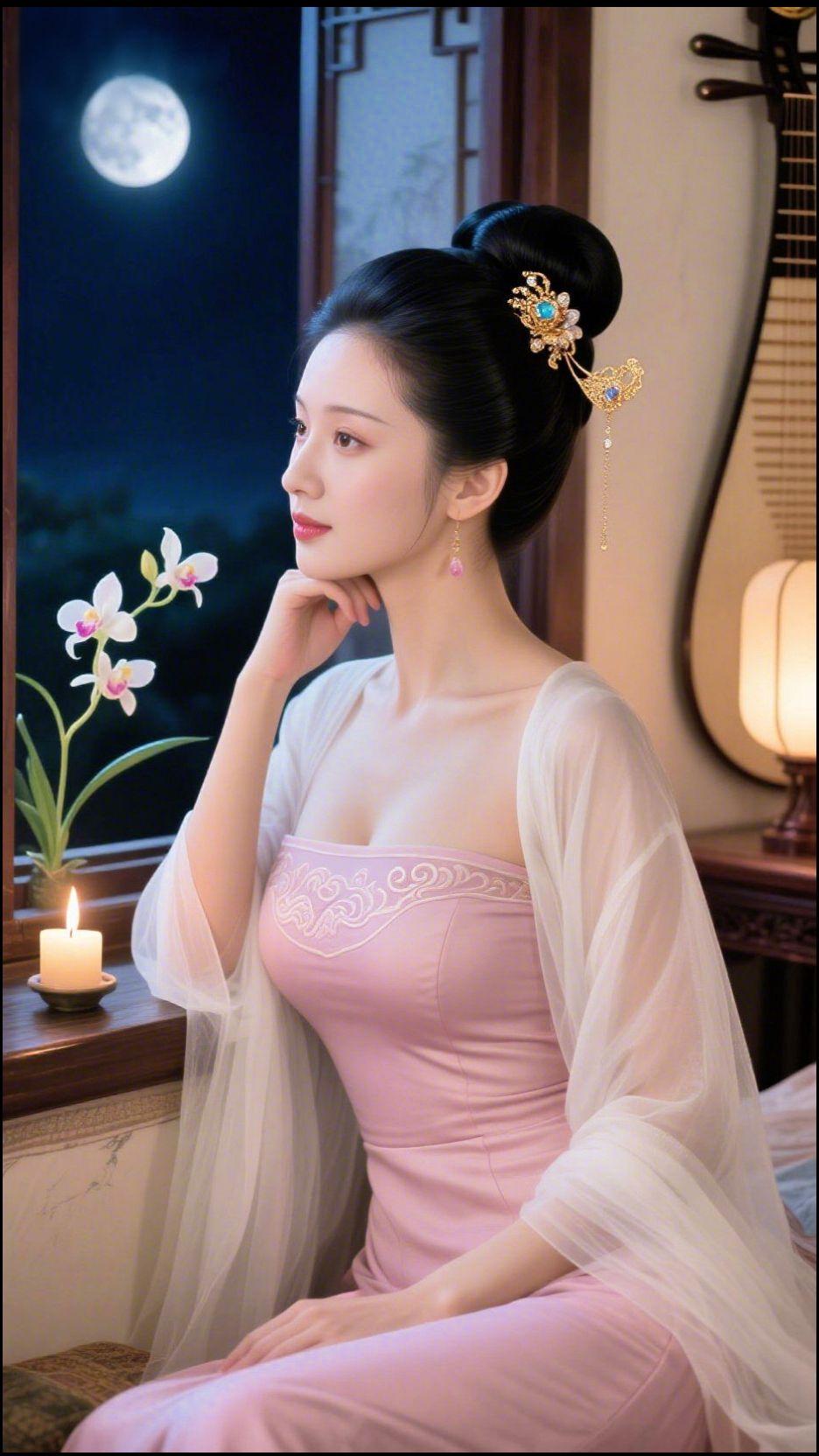 《月窗兰静》夜色如砚，半轮明月浸在窗棂外的墨蓝里，案头兰枝轻颤，瓣尖凝着清