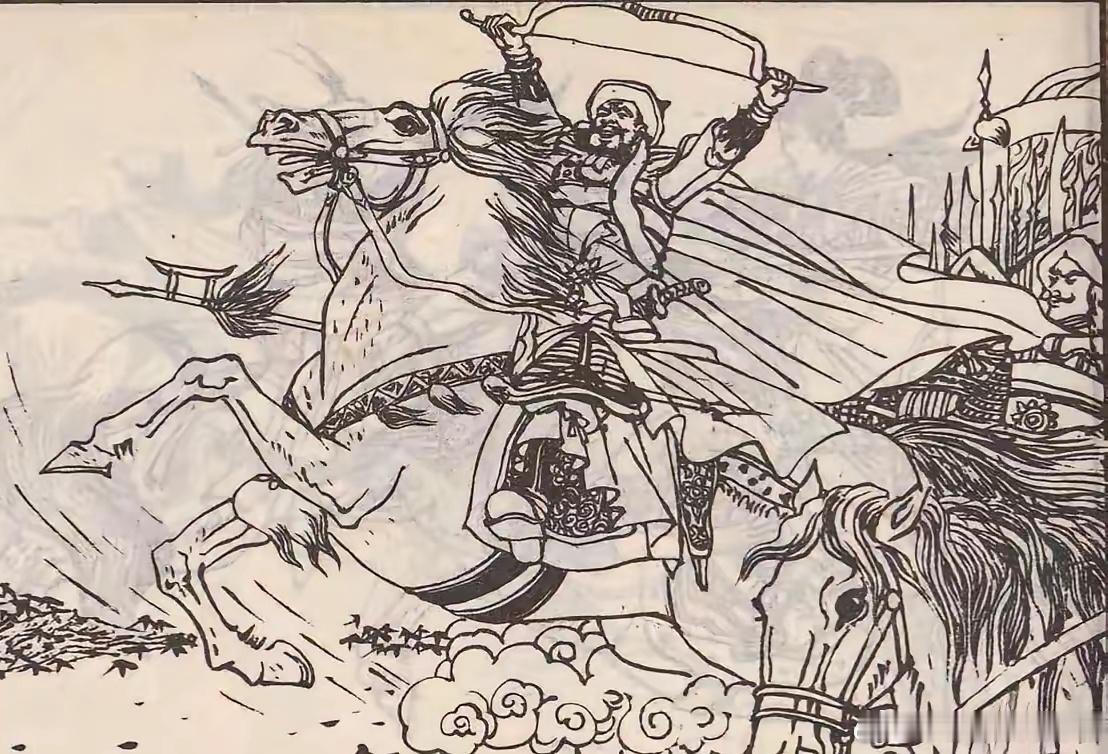 历史辽军主将土金秀催马来到阵前，一晃手中的弯弓大喊：“宋将，哪个敢与我比弓箭？