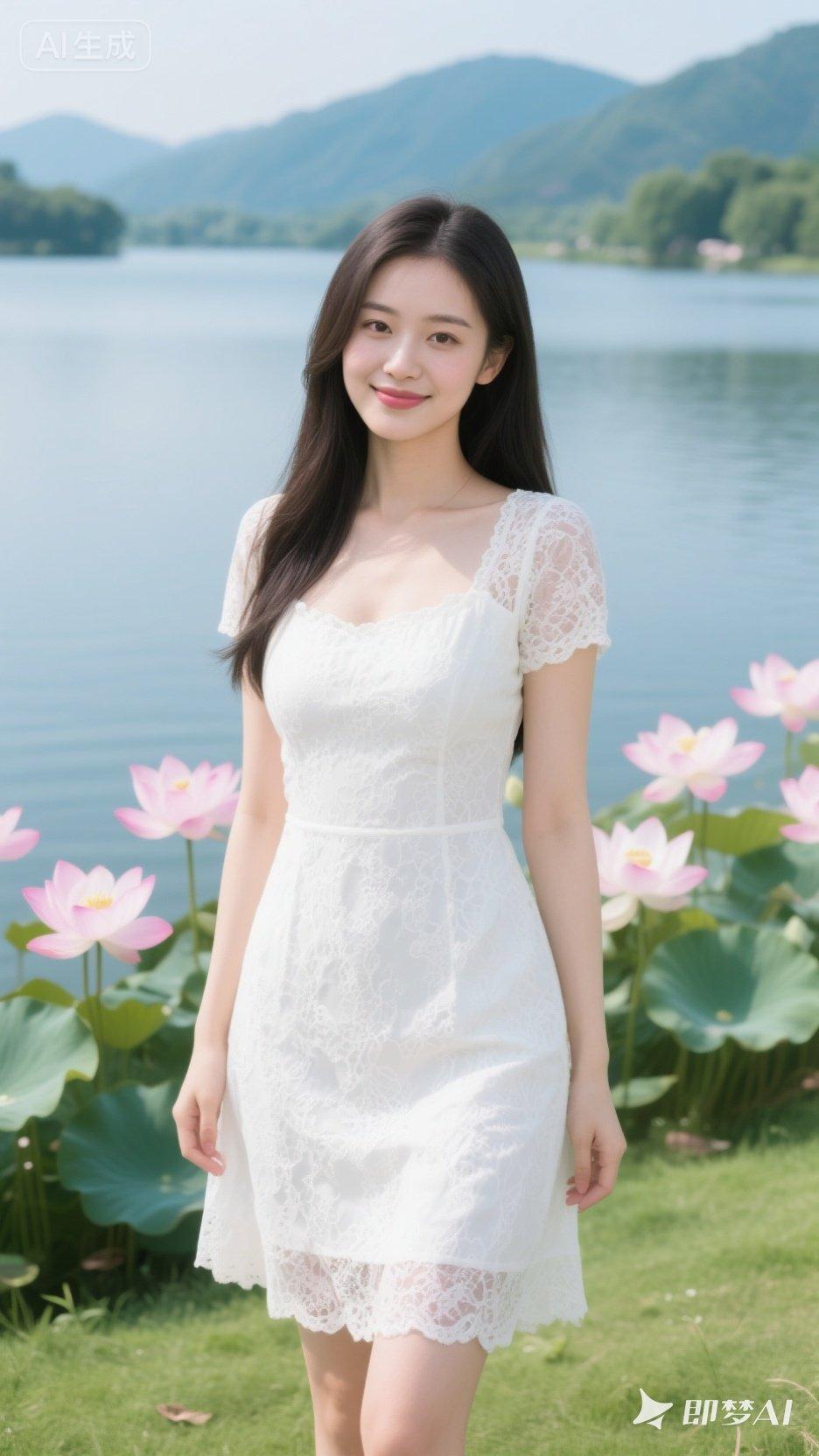 夏日清新穿搭，白色蕾丝连衣裙，湖畔美景相伴