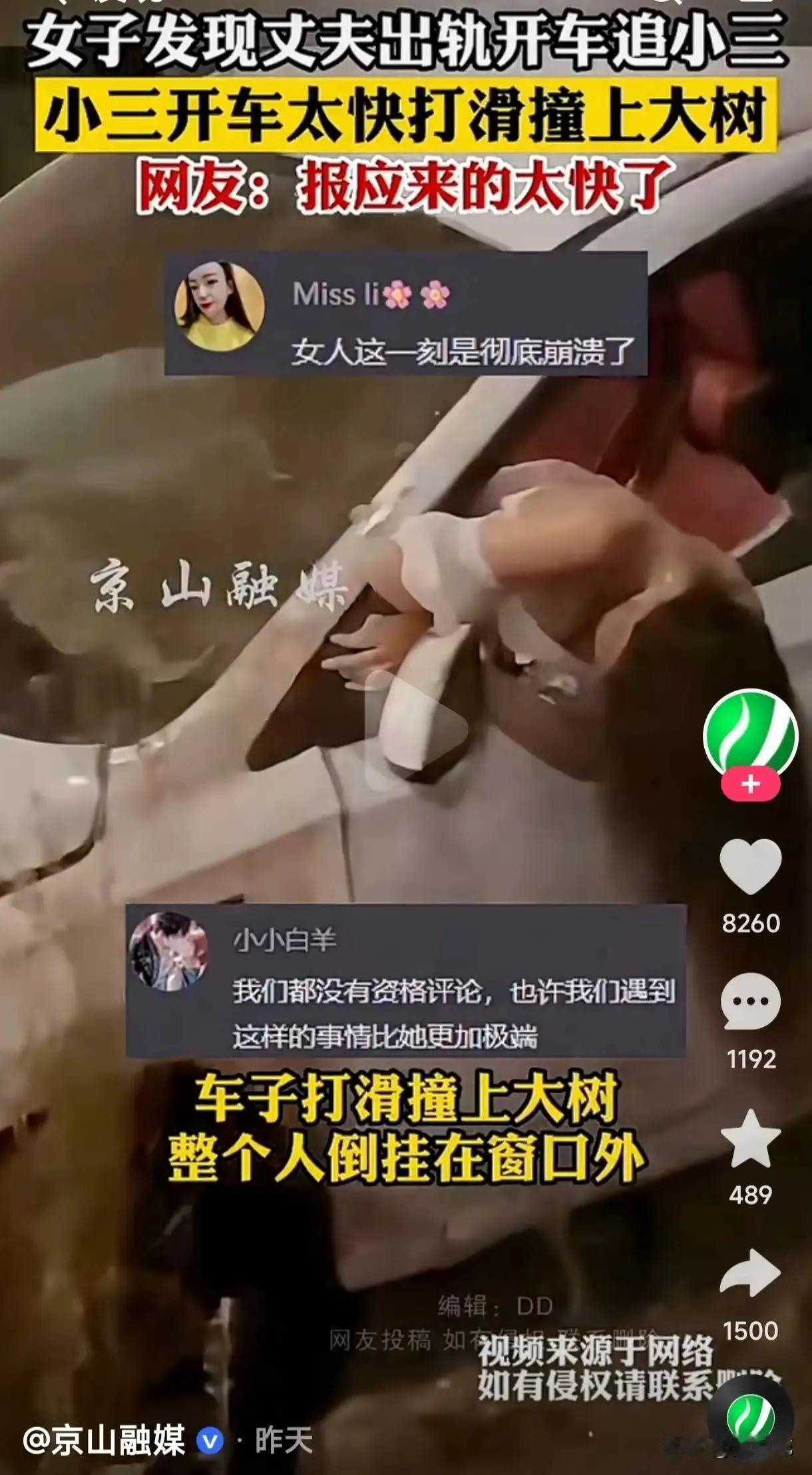 正牌妻子开着车一路追着丈夫和那个女人，眼看要追上了，小三却慌不择路猛踩油门，一头