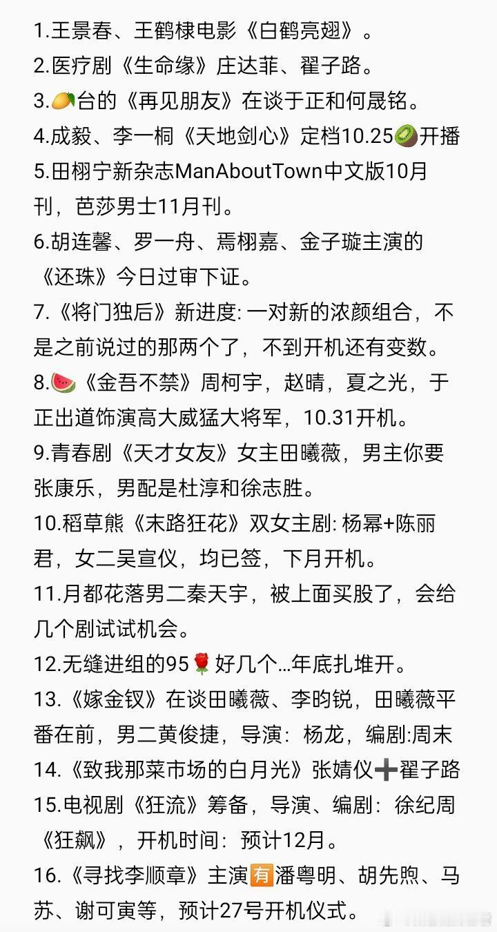 10.22娱乐圈小料🍉1.王景春、王鹤棣电影《白鹤亮翅》。2.医疗剧《生命缘》