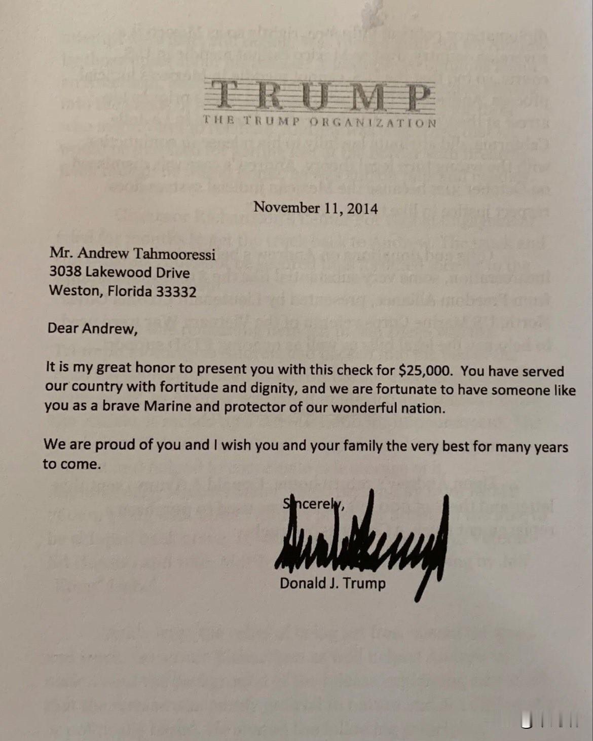 这封信是2014年11月11日，唐纳德·特朗普(DonaldTrump)写