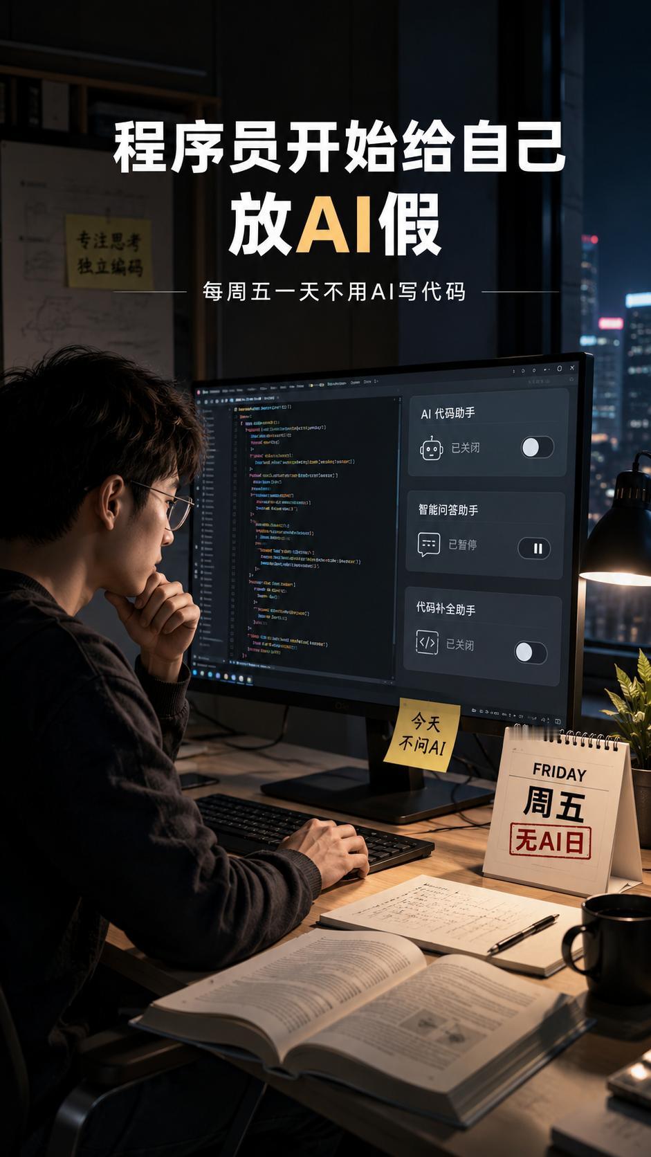程序员开始给自己放AI假，每周五一天不用AI写代码AI编程越来越普及，一些程