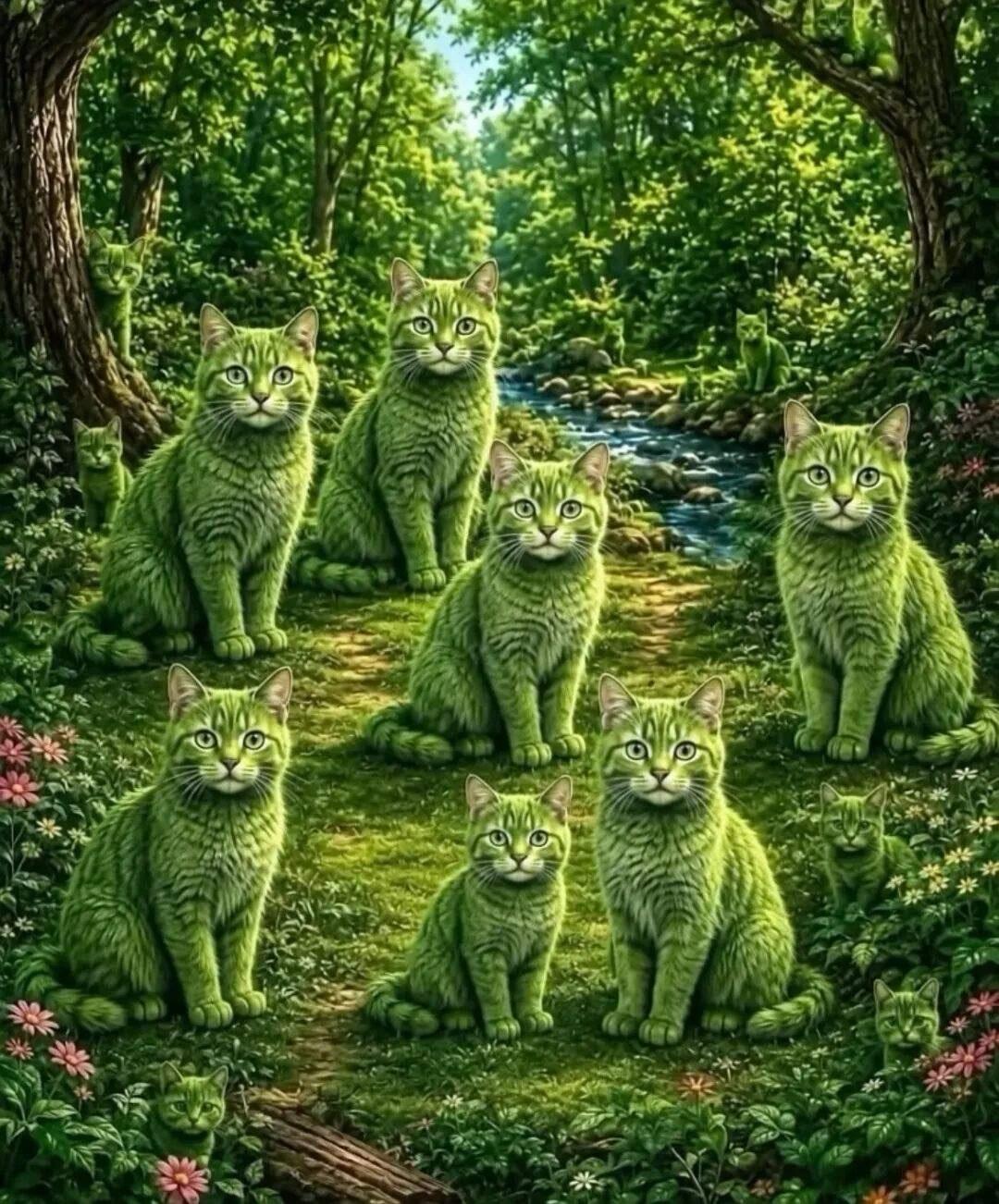 考考你的眼力：图上有几只绿色的猫？一眼瞧去，大猫有7只。再仔细瞧去，大猫的