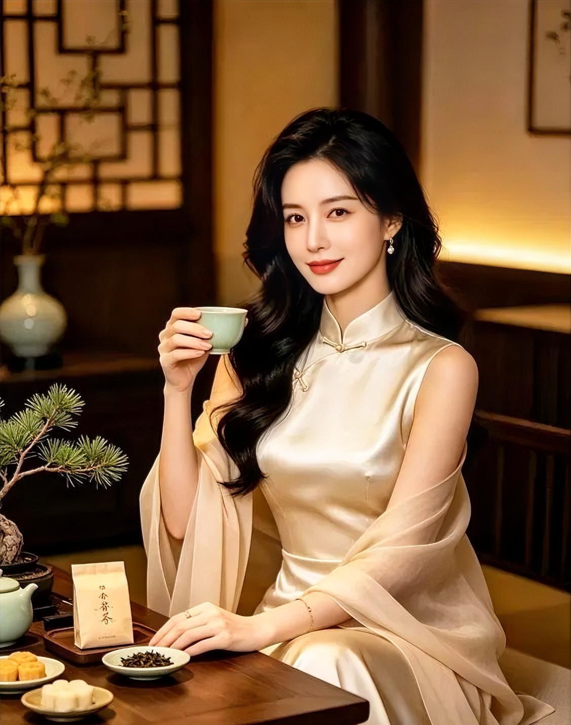 《盏底春生》米白旗袍，轻披薄纱微漾，长发如瀑，垂落温婉时光。素手举青