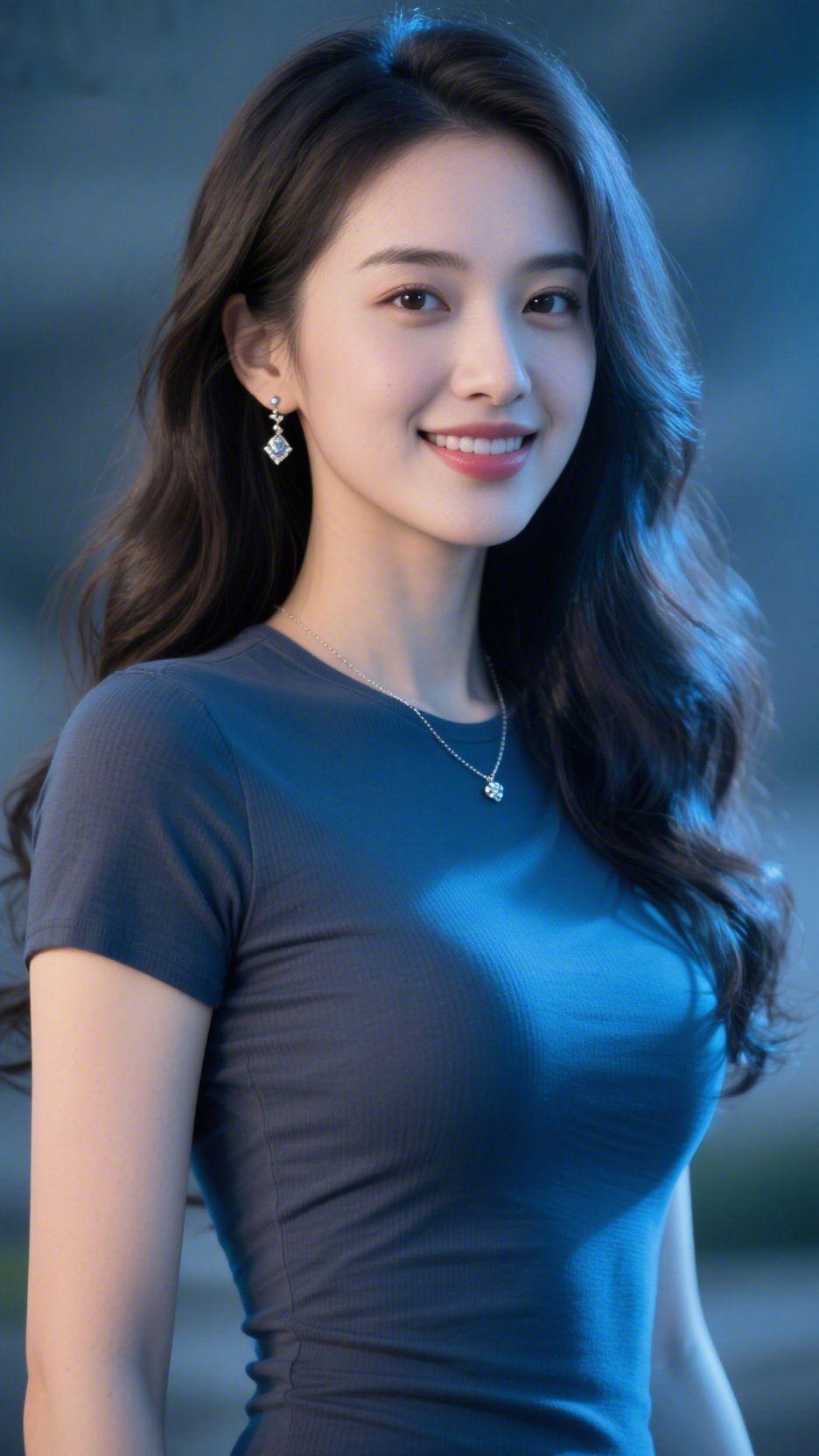 蓝衫裹着暮色轻柔暮色揉着浅蓝光晕落下来，她像把晚风拢进一身深靛里——针织衫