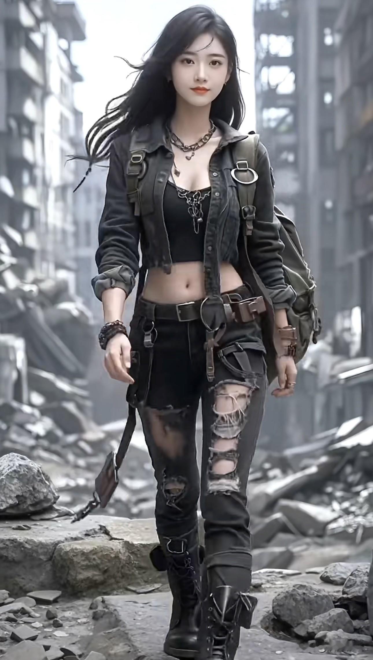 都市废墟中的酷炫少女，时尚与坚韧并存！💥🔥