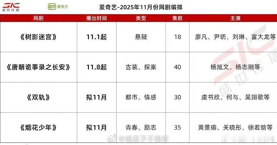 11月央视、卫视、优爱腾芒预排播来了，有想看的吗！《树影迷宫》《唐朝诡