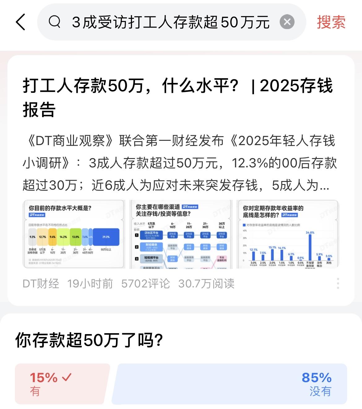 3成打工人存款超过50万，这种新闻就是图个乐，看看就行，不必较真！新闻我没打