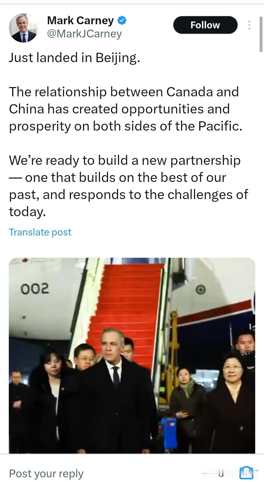 加拿大总理卡尼15日凌晨0点18分在X平台发帖：刚抵达北京。加拿大与中国