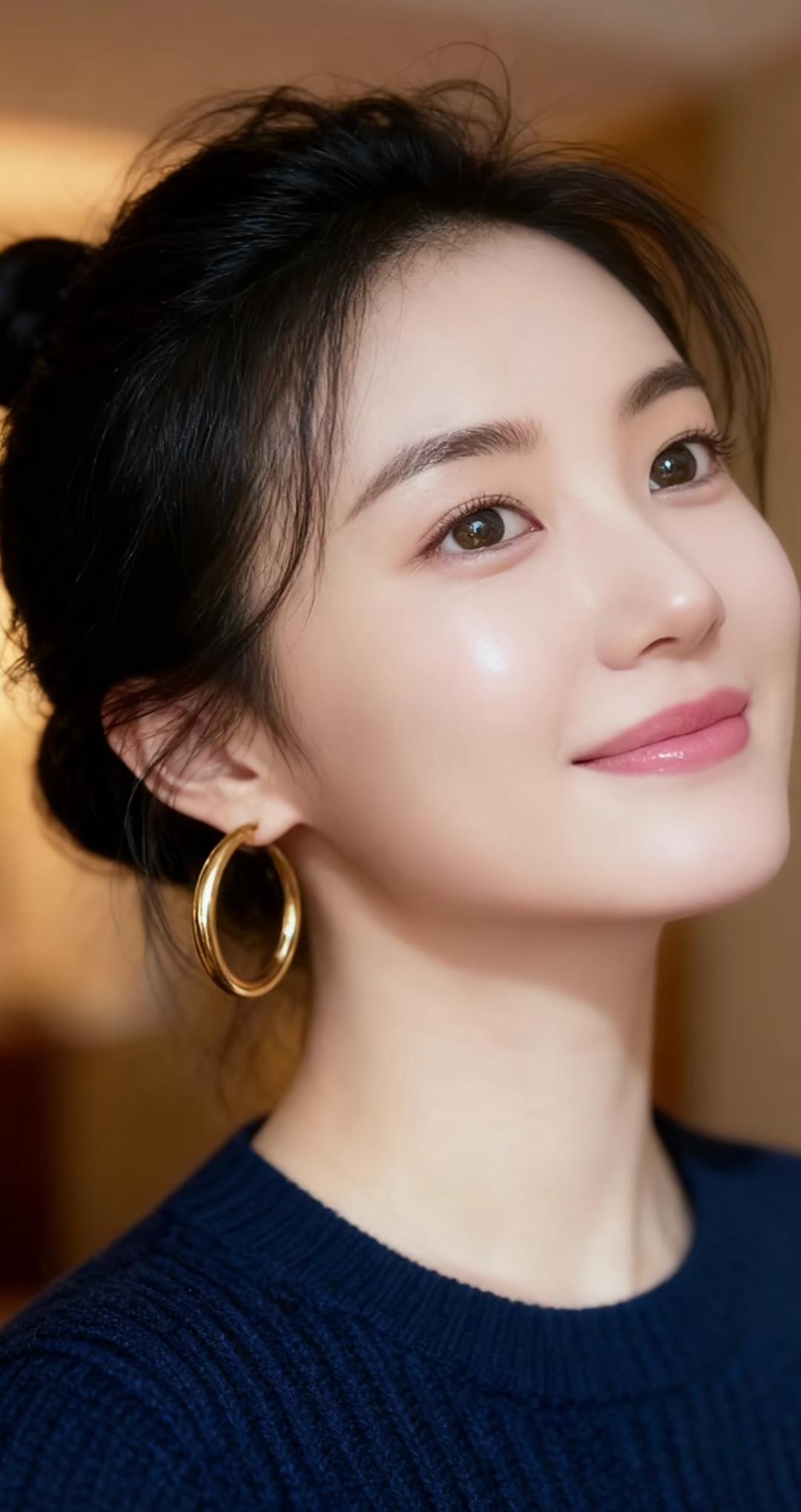 金环映笑靥，玉颜映秋光。