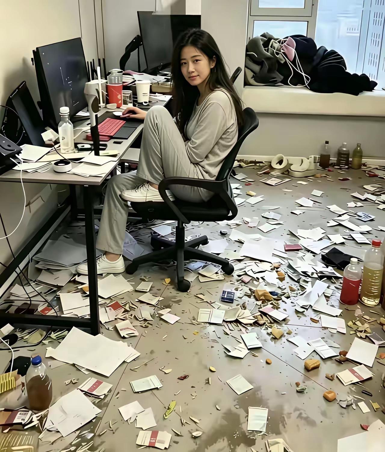 朋友这次真的破防了，这就是她跟她那窝囊室友合租的办公室现状。她们一起在这个