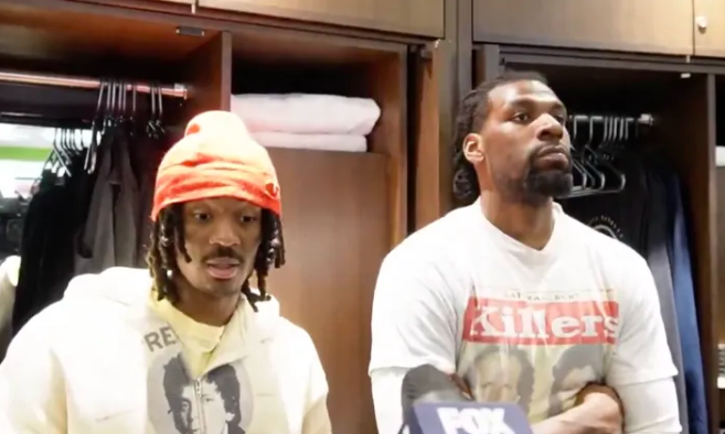 NBA常规赛，森林狼108-83击败勇士。赛后森林狼球员纳尚-海兰德接受了记者