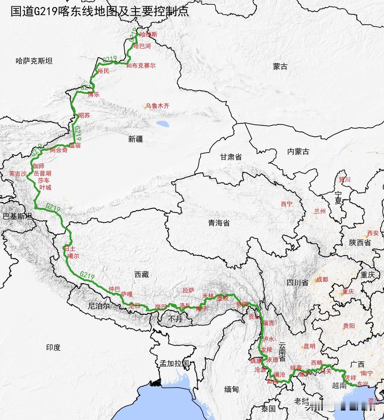 国道G219喀东线地图及主要控制点国道G219喀东线，全称喀纳斯－东兴公路，是