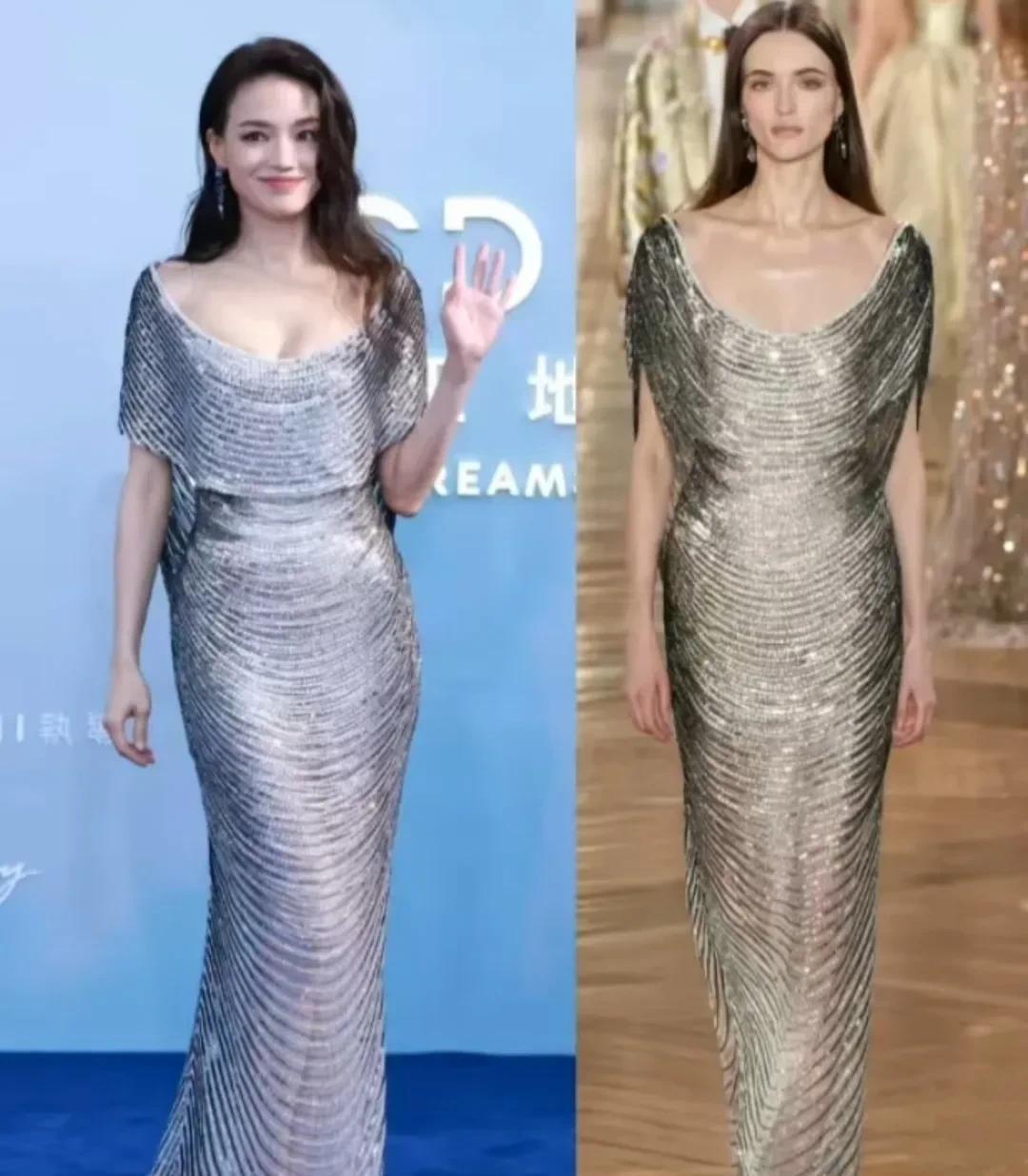 这组对比照绝了，同一款礼服，舒淇和模特穿出了截然不同的韵味。舒淇是眼角眉梢都淌