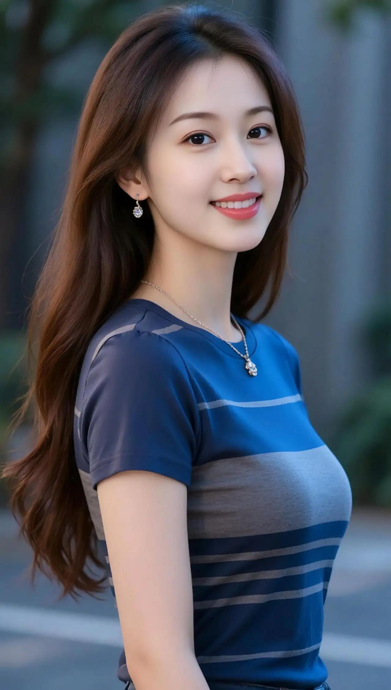甜美笑容，蓝灰条纹T恤，优雅气质，日常穿搭指南🌟💝🌴
