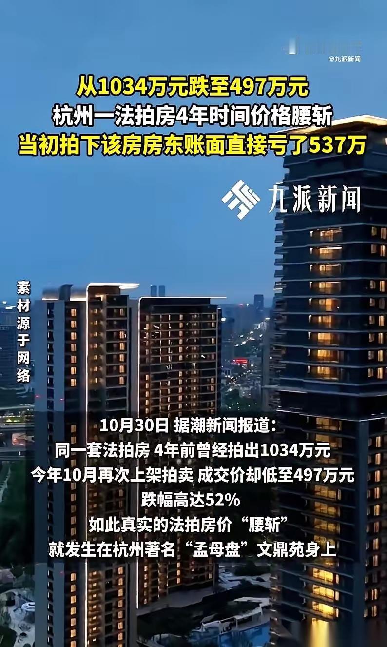 杭州四年前1034万拍下来的房子，前几天，497万，又给卖了。这套房，四年就消