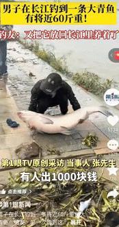 湖北鄂州，男子在长江里钓到了60多斤的大青鱼，别人想出1000块买下来，男子表示