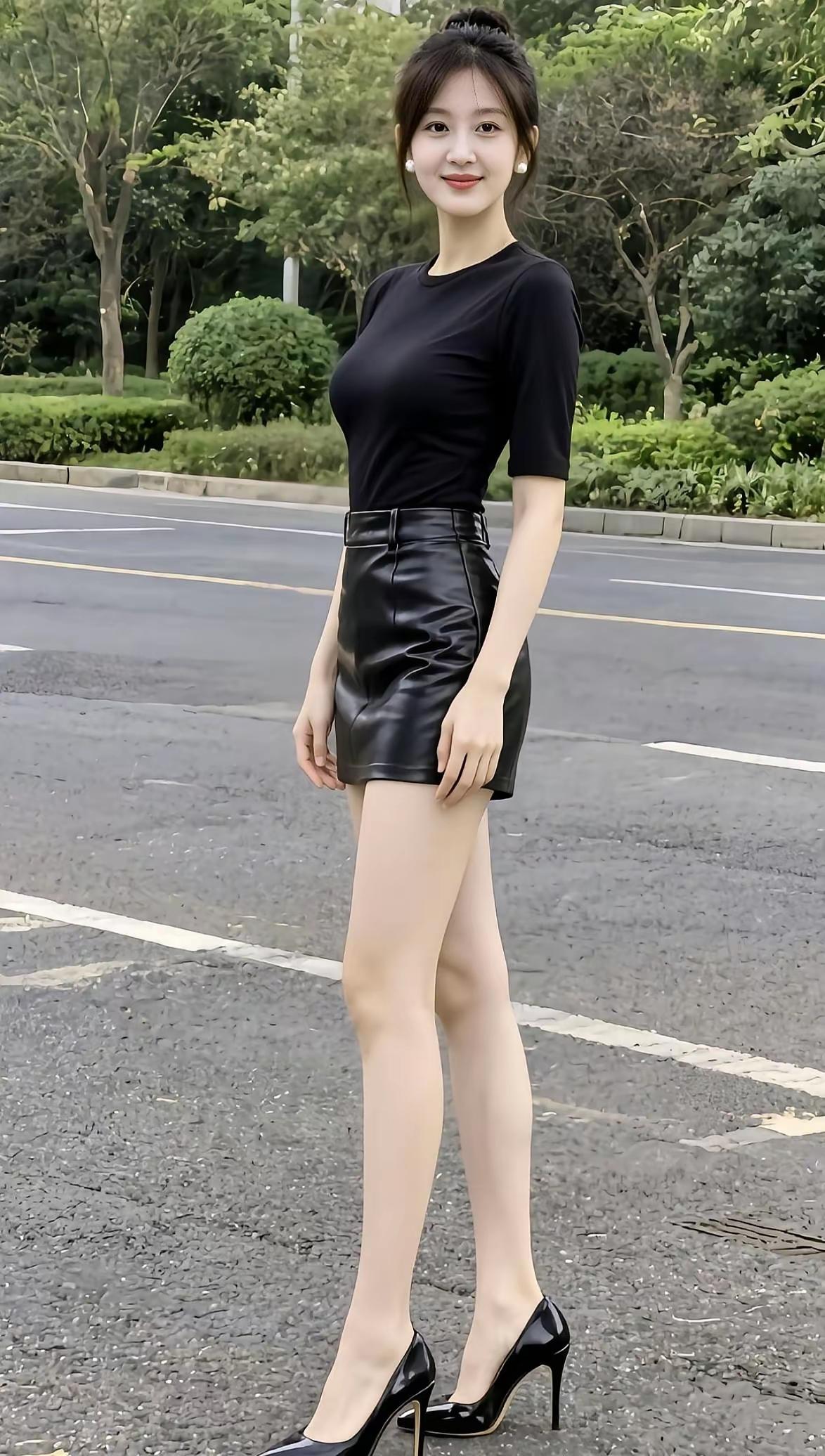 都市甜心穿搭指南：黑色短上衣+皮裙，高跟鞋，完美身材