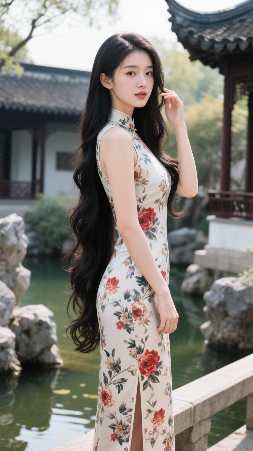 一袭旗袍，长发垂肩。