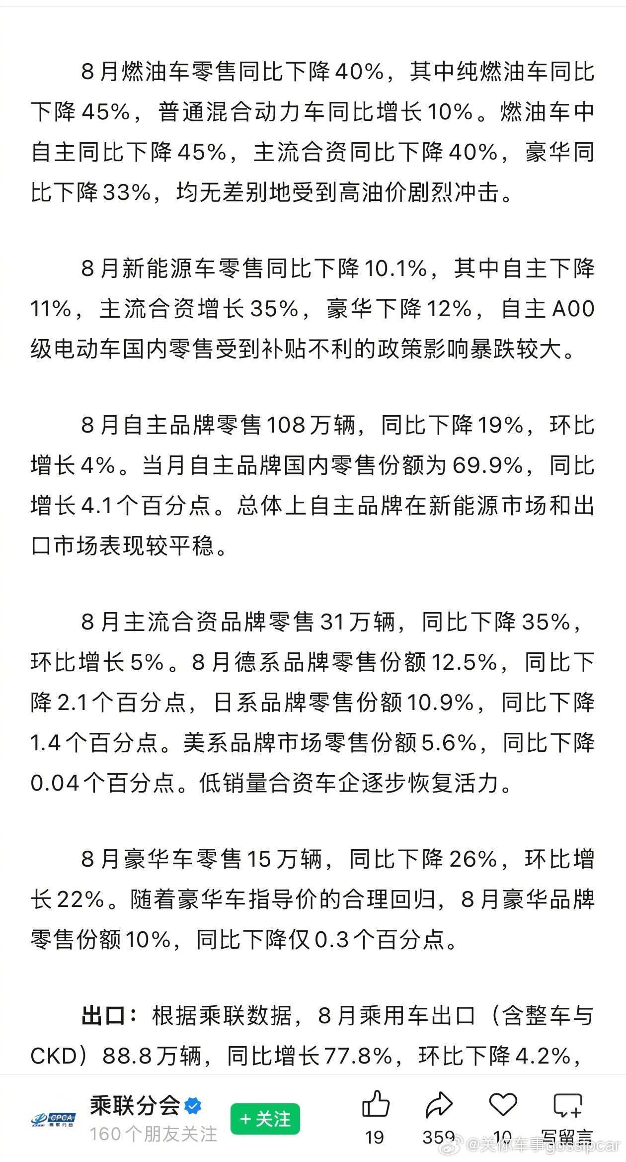 买车趋势发生大改变，#8月燃油车零售同比下降40%#无论燃油车做得更好，驾驶乐趣更强都抵不住下降的趋