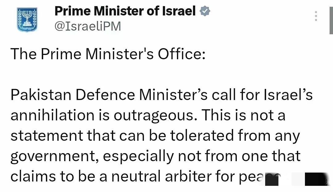 巴基斯坦国防部长指出：“以色列是人类的祸害和诅咒。在伊斯兰堡进行和平谈判之际，