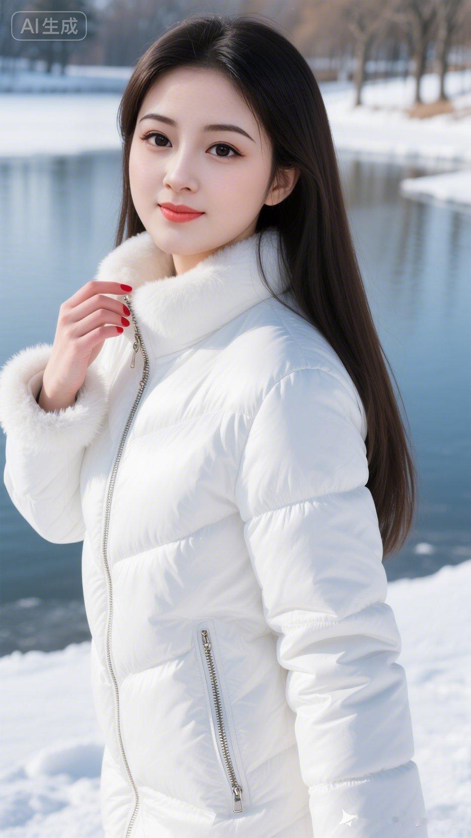 冬日暖阳下的雪景，少女与湖畔的静谧时光。