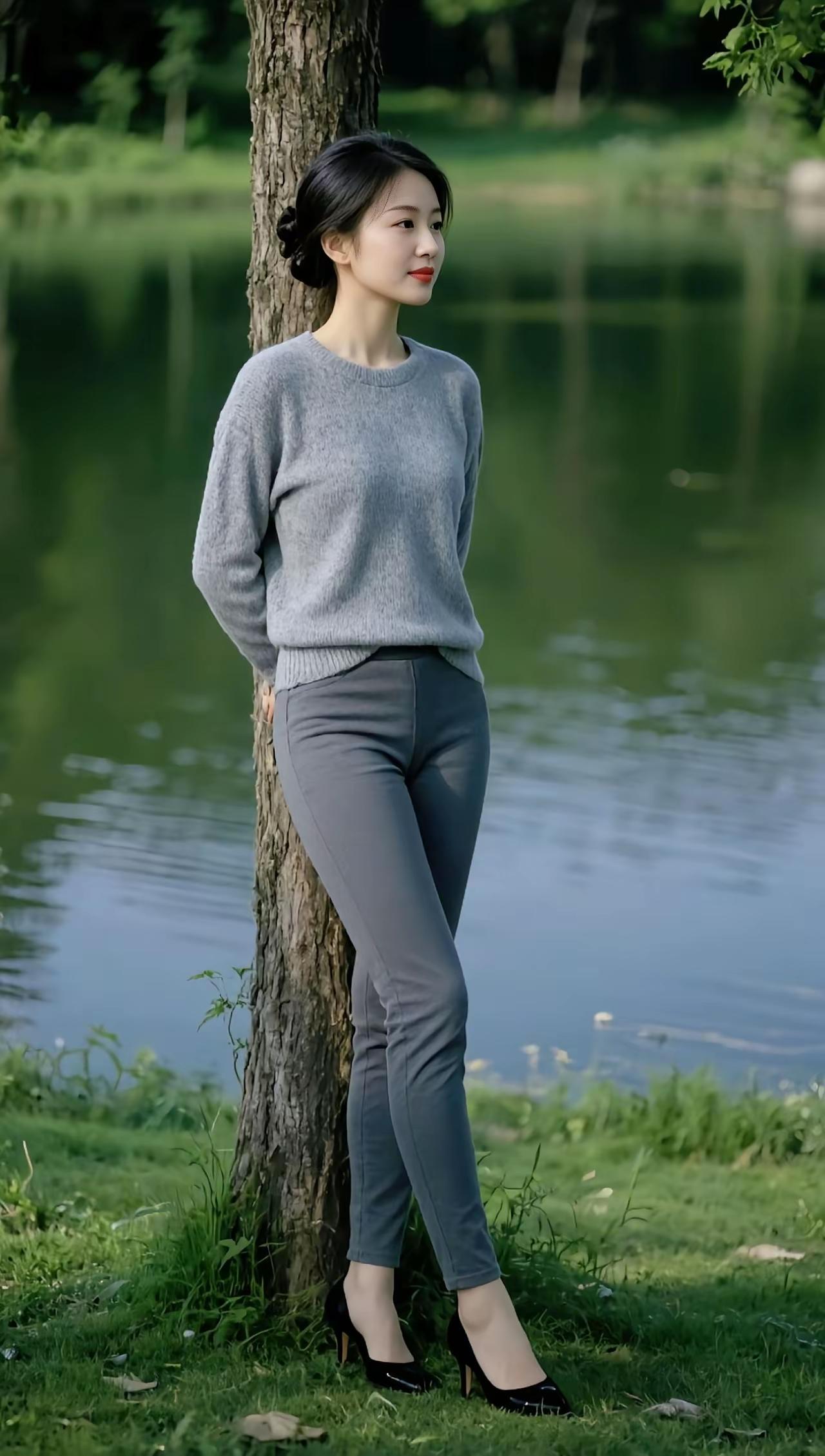 在湖边倚树而立，温柔岁月静好。