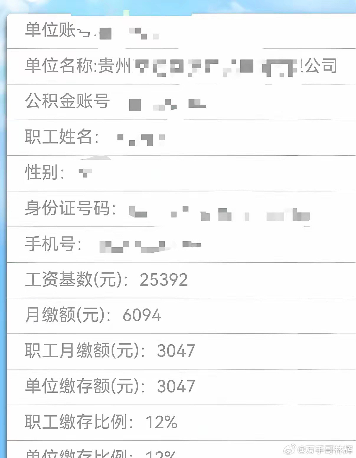 一位贵州朋友晒出了他的公积金，月缴存基数为25392元，单位和个人均按照12%的