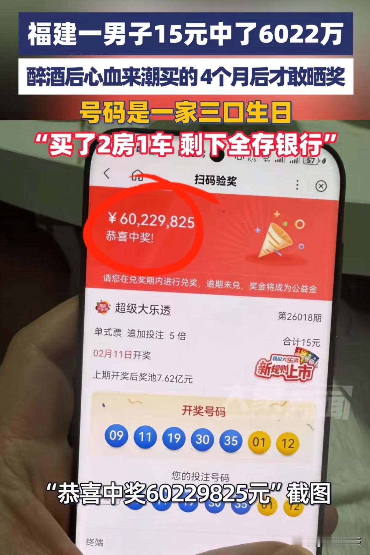 福建莆田，一男子酒后花15元买了一张彩票，结果中了6022万余元出来，但4个月后