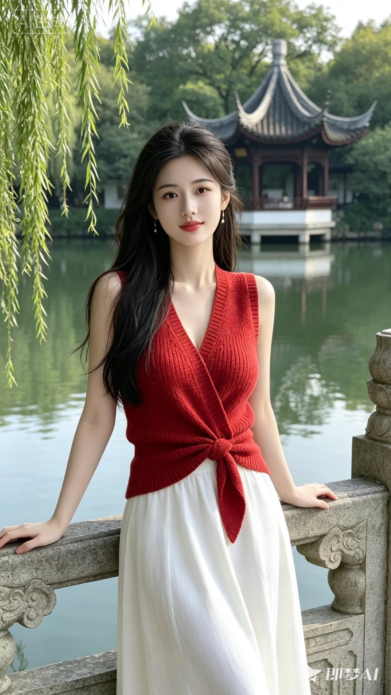 美女靠栏杆，风景美如画。