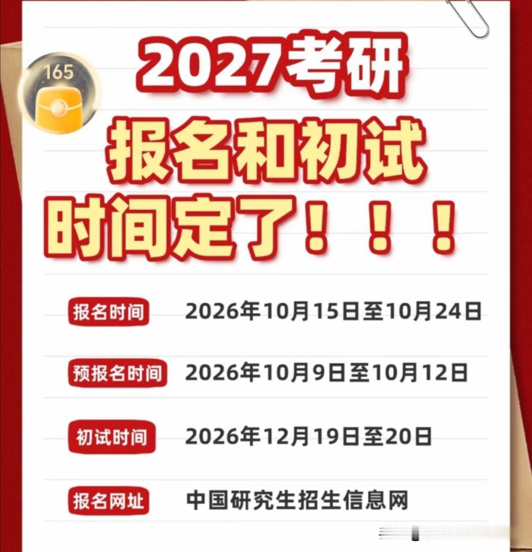 提醒！2027年考研，网上预报名今日即将开启。预报名时段为10月9日至10月1
