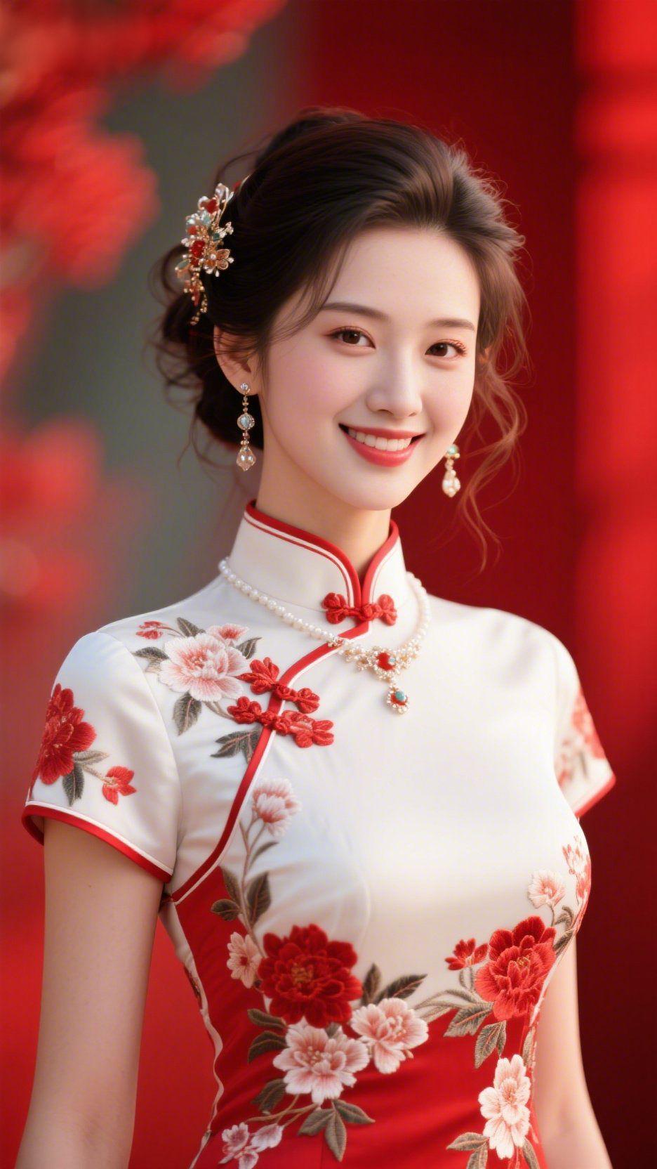 旗袍里的春深色朱红与月白缠作襟边的韵，旗袍便成了春的具象。鬓间钗饰坠