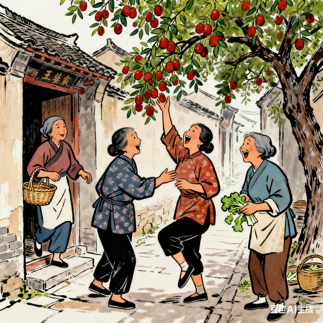 古代笑话巷口王婆家枣子熟了，张婶、李嫂、赵大娘在树下唠嗑。张婶仰看：“