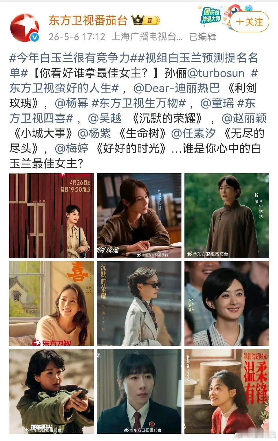 东方卫视发了白玉兰最佳女主角的预测名单，艾特了孙俪，吴越，杨幂，迪丽热巴，童谣，