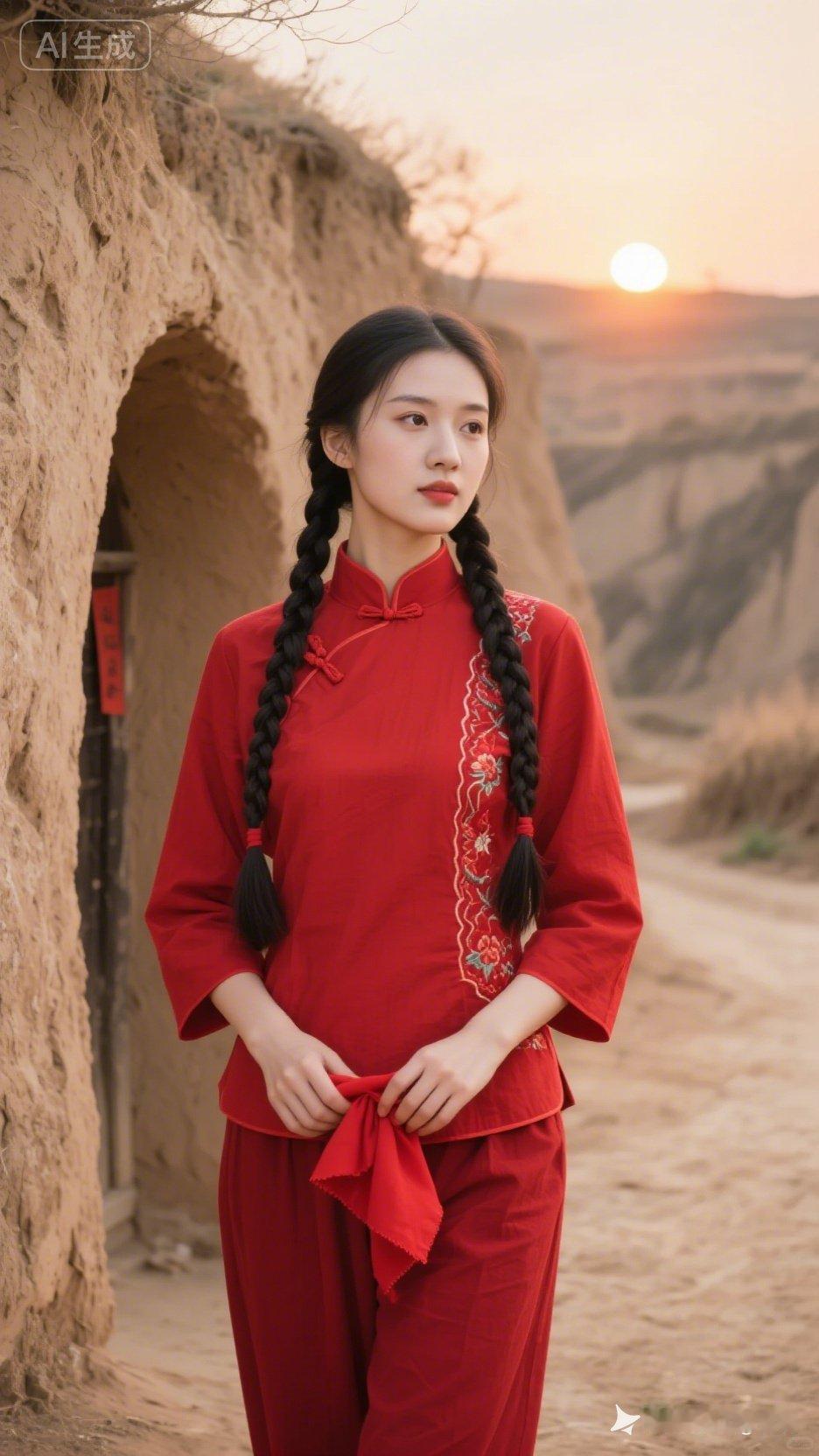 穿越千年的红衣少女，在夕阳下的古村落里，惊艳了时光。