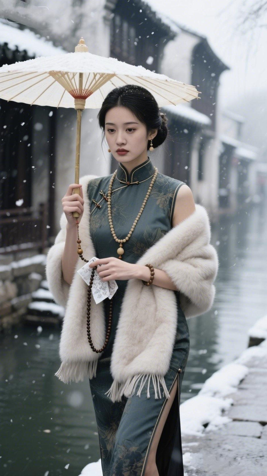 《旗袍裙摆，摇落一城风月》青石板路漫过旧巷的肩油纸伞撑开半壁云天一袭旗